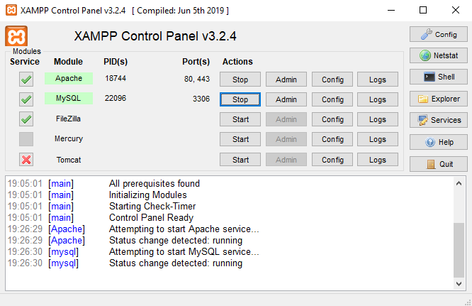 XAMPP Control Panel met gestarte modules