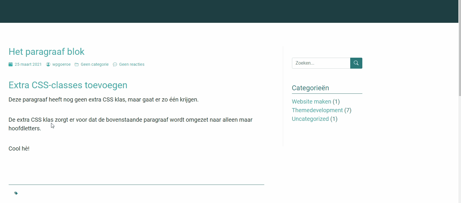 Gif afbeelding die laat zien hoe een paragraaf met een extra CSS class omgezet wordt naar alleen maar hoofdletters.