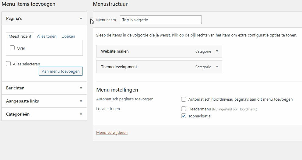 Gif afbeelding waarop te zien is hoe je een categorie moet toevoegen aan een menu in WordPress