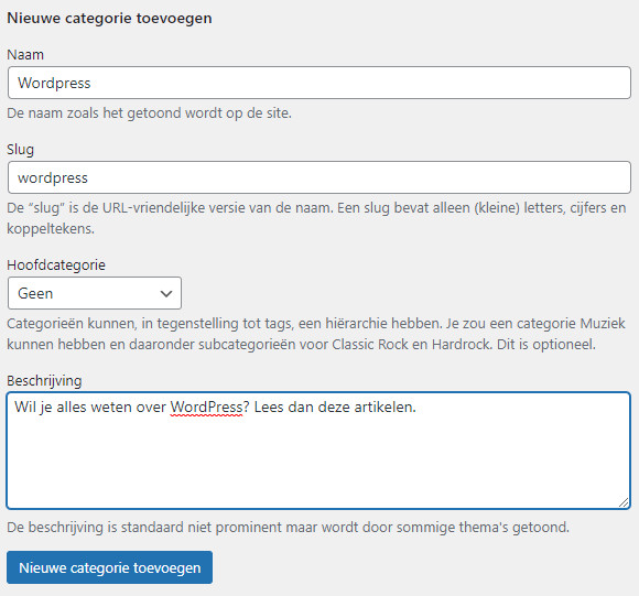 Afbeelding waarop te zien is welke velden je in moet vullen voor het aanmaken van een nieuwe categorie in WordPress