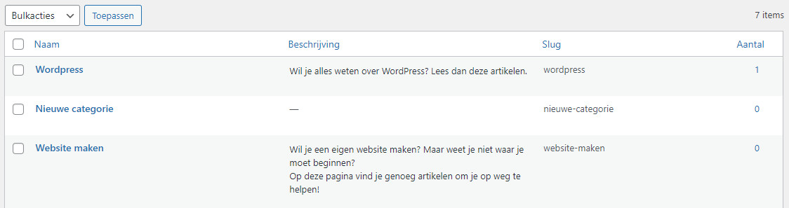 Afbeelding met een overzicht van de aangemaakte categorieën in WordPress