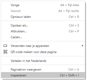 Chrome - Menu met de optie inspecteren
