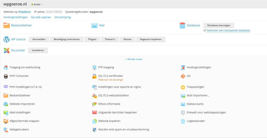 Afbeelding met een overzicht van je website in Plesk