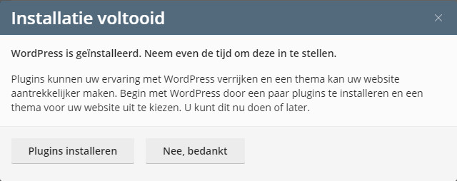 Afbeelding waarop te zien is dat de installatie van WordPress is voltooid in Plesk