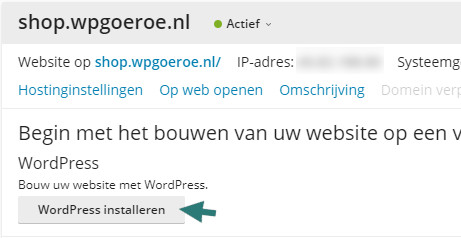 Afbeelding waarop te zien is waar de WordPress installeren knop staat.