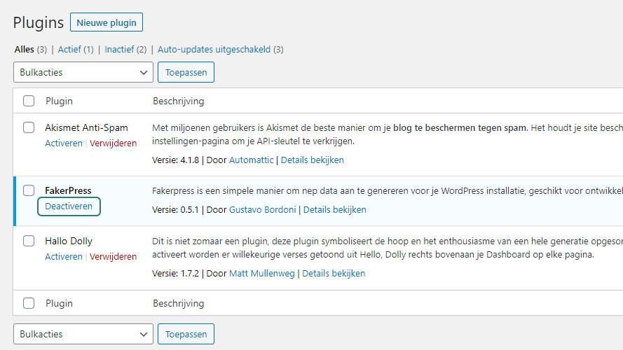 WordPress plugin - FakerPress deactiveren
