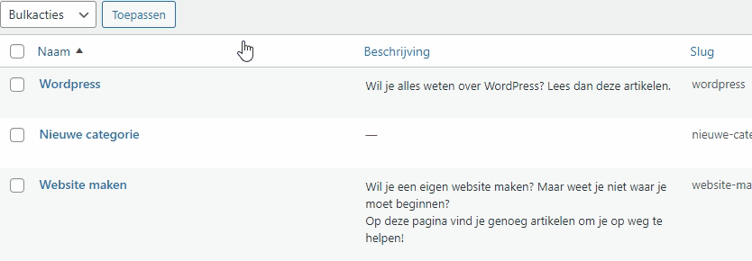 Gif afbeelding waarop te zien is wat er gebeurt als je met de muis over een categorie naam beweegt in WordPress