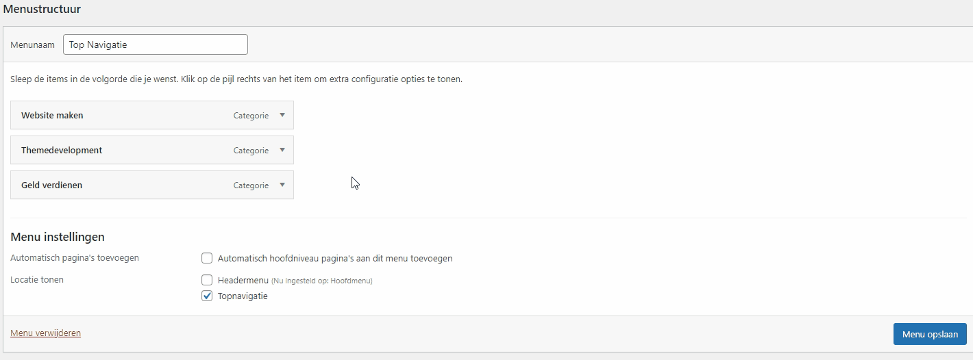 Gif afbeelding waarop te zien is hoe je een menu item kunt verslepen in WordPress