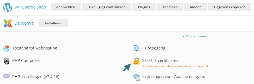 Afbeelding waarop te zien is waar je op moet klikken voor het aanvragen van een SSL certificaat in Plesk