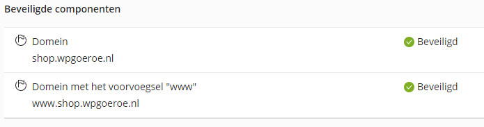 Afbeelding van de beveiligde componenten in Plesk, na het aanvragen van een SSL certificaat