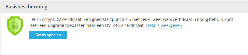 Afbeelding waarop te zien is hoe je een gratis certificaat moet ophalen bij Let's Encrypt in Plesk