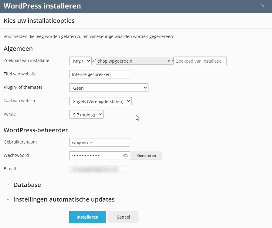 Gif afbeelding waarop te zien is hoe het WordPress installatie scherm ingesteld moet worden op Plex