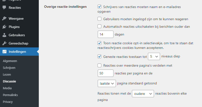 Afbeelding waarop de Discussie instellingen over overige reacties te zien zijn in WordPress