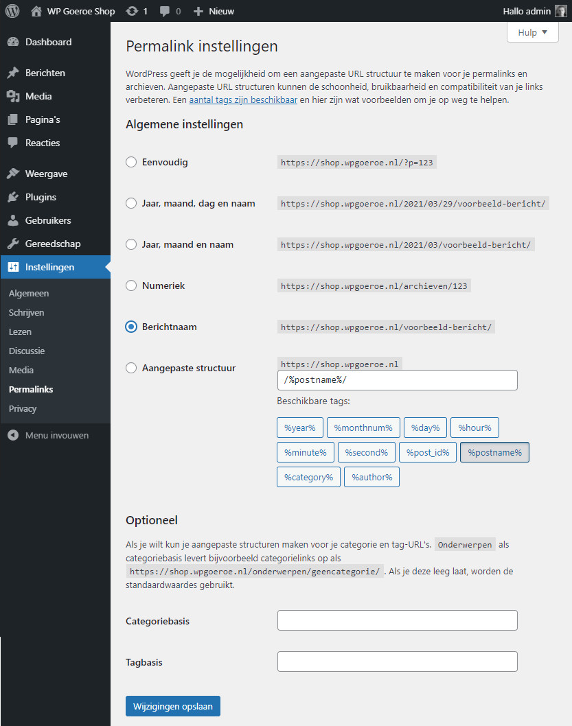 Afbeelding waarop de instelling Permalinks is te zien in WordPress
