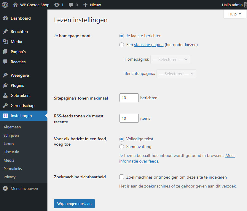 Afbeelding waarop te zien is welke instellingen voor Lezen er zijn binnen WordPress