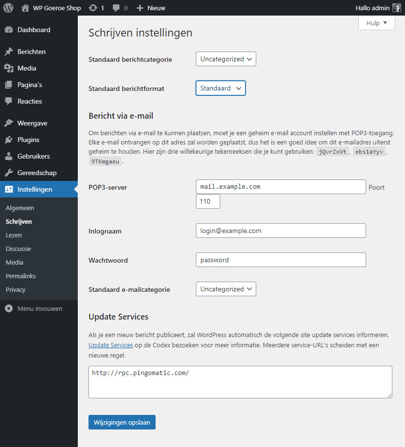 Afbeelding waarop de schrijven instellingen te zien zijn in WordPress