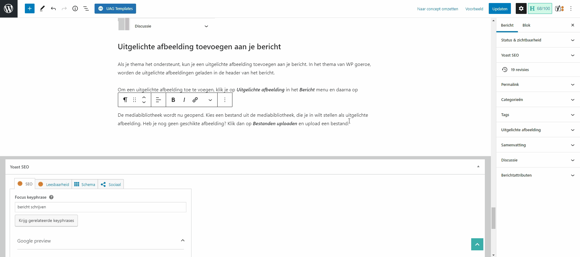 Gif afbeelding waarop te zien is hoe een uitgelichte afbeelding toegevoegd kan worden aan een bericht in WordPress