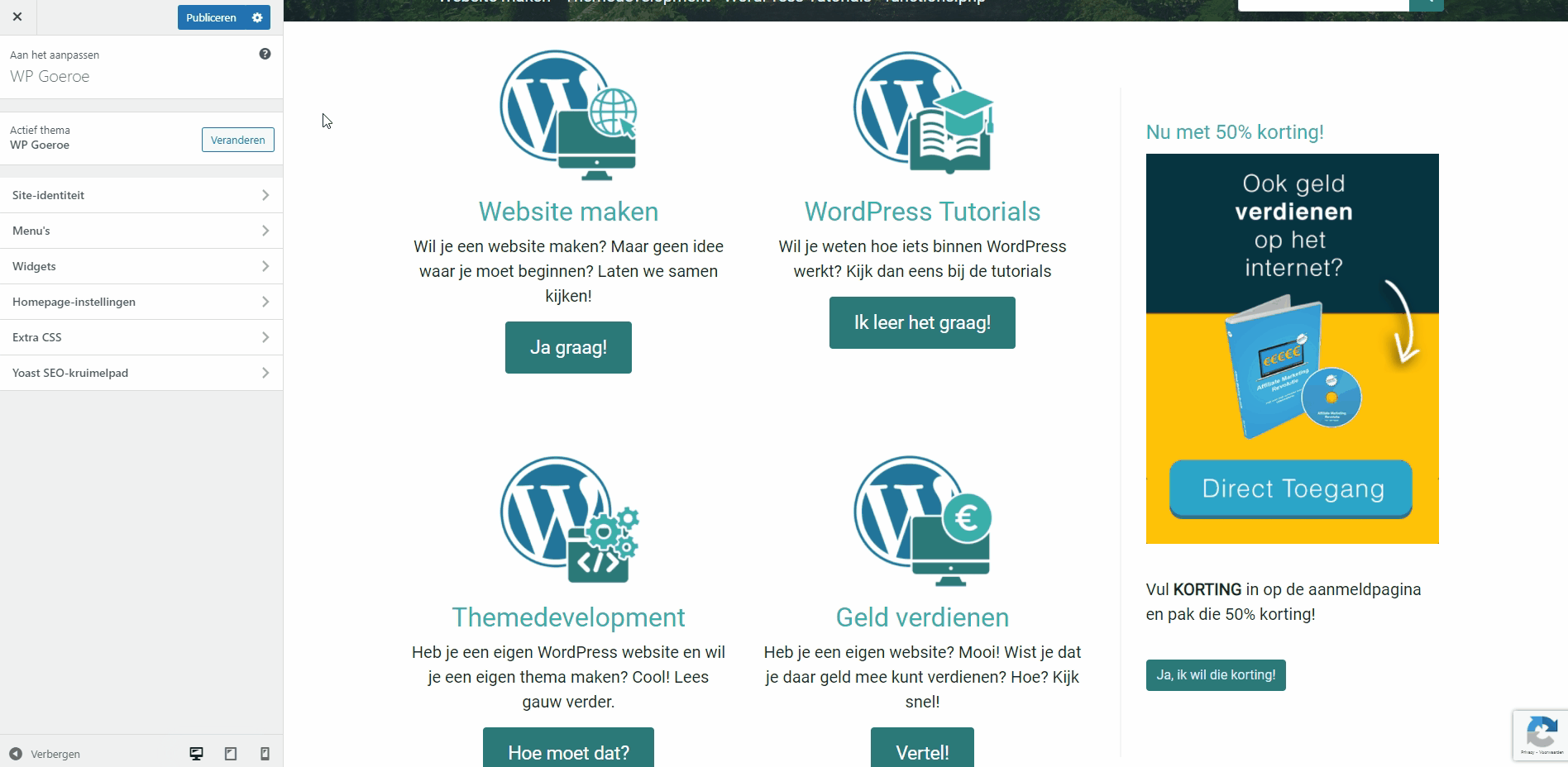 Gif afbeelding waarop te zien is hoe je een widget kunt toevoegen via de WordPress Customizer