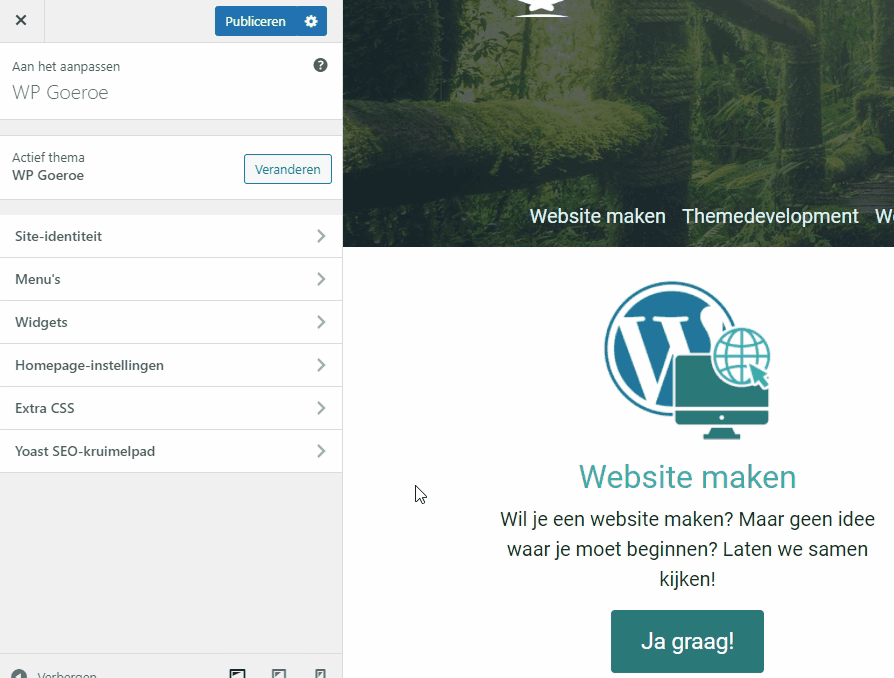 Gif afbeelding waarop te zien is hoe je de optie extra css kunt gebruiken in de WordPress Customizer