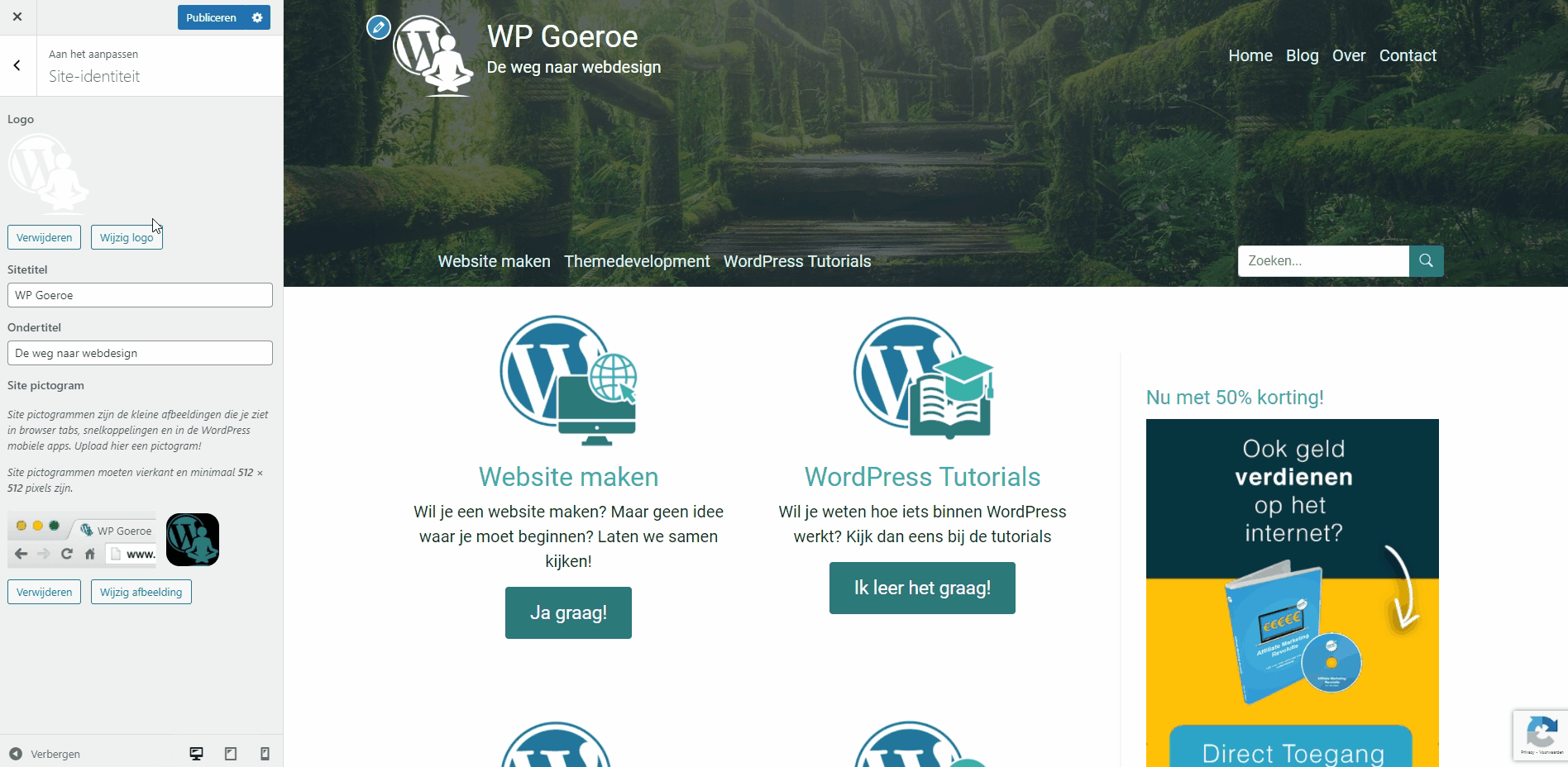Gif afbeelding waarop te zien is hoe je een logo kunt instellen met behulp van de WordPress Customizer