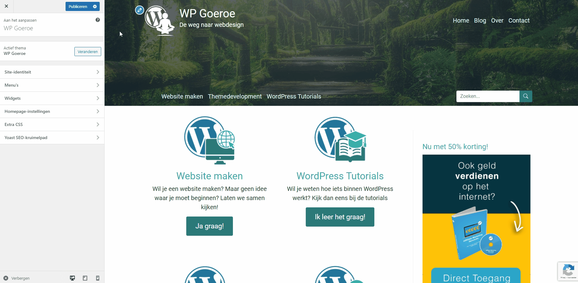 Gif afbeelding waarop te zien is hoe je een menu item kunt toevoegen met de WordPress Customizer