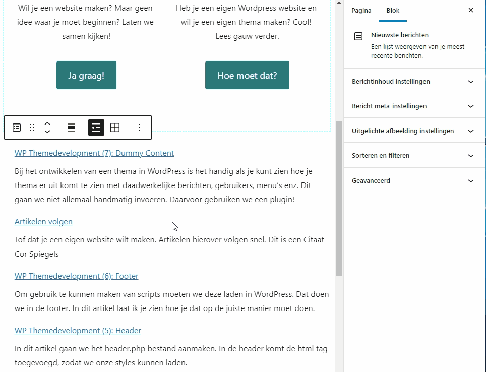 Gif afbeelding waarop te zien is hoe de bericht meta-instellingen gedaan kunnen worden voor het nieuwste berichten blok